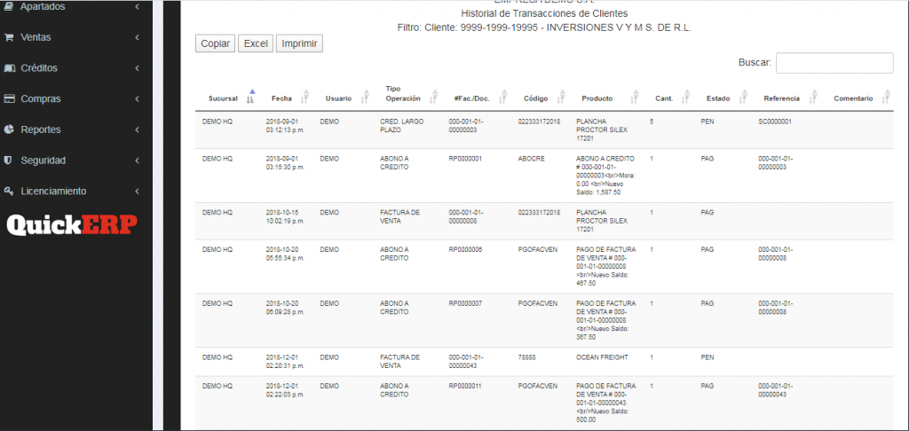 Historico de compras en sistema POS de QuickERP